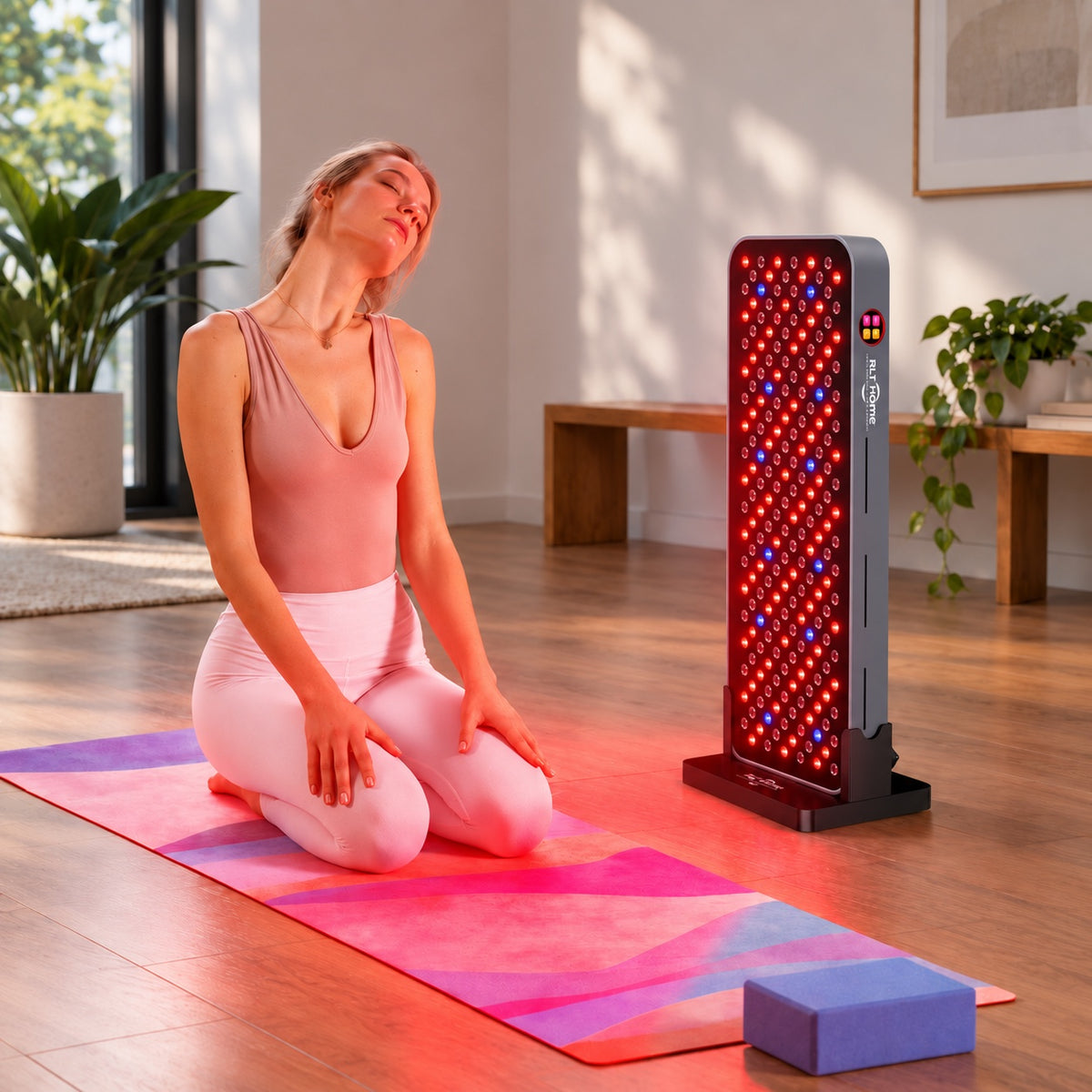 Person kneeling on a mat beside the RLT Home Total Spectrum COMPACT