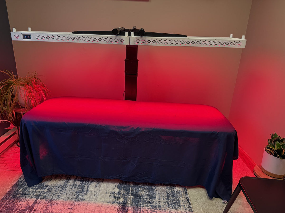 Red Nova customer photo, two panels on an overhead stand above a bench