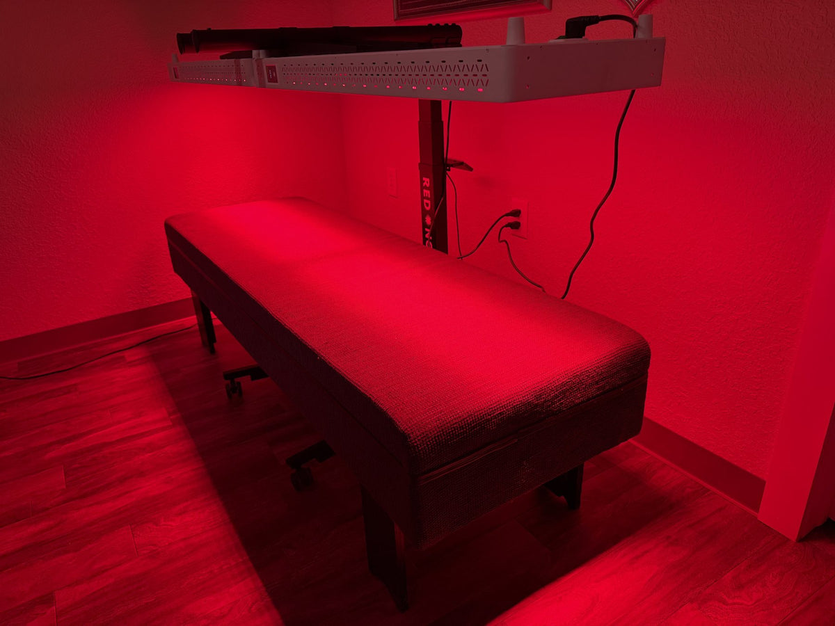 Red Nova customer photo, two panels on an overhead stand above a bench