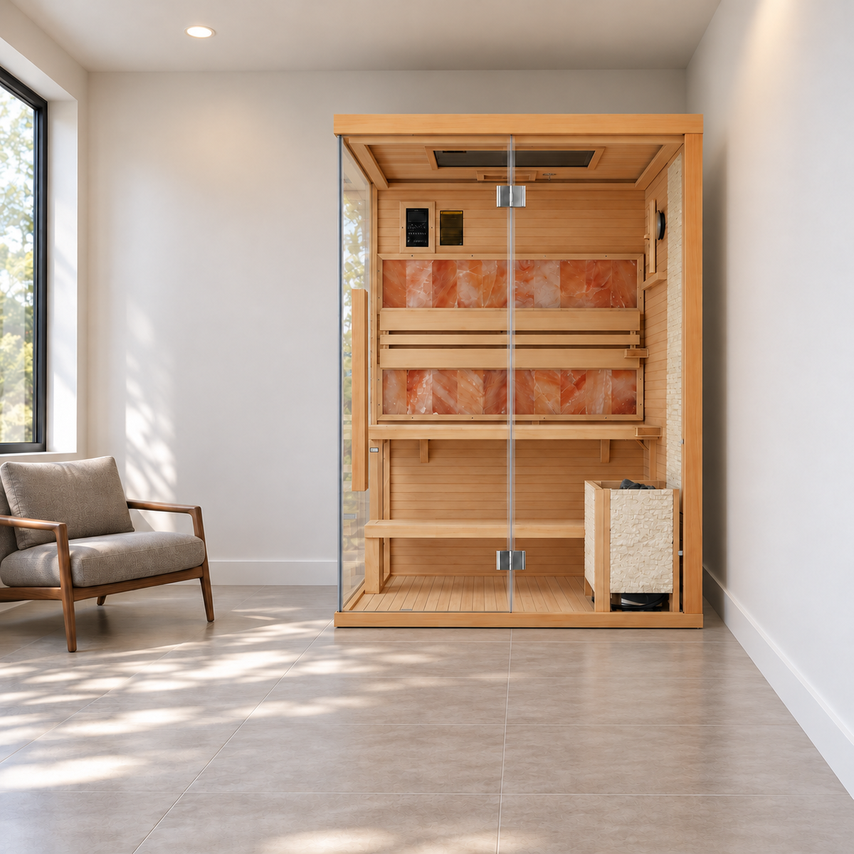 2-Person Indoor Traditional Steam Sauna, Harvia 3.5kW Electric Stove, Wet/Dry, 7-Color LED Lighting, Bluetooth, 220V