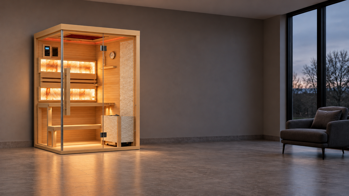 2-Person Indoor Traditional Steam Sauna, Harvia 3.5kW Electric Stove, Wet/Dry, 7-Color LED Lighting, Bluetooth, 220V
