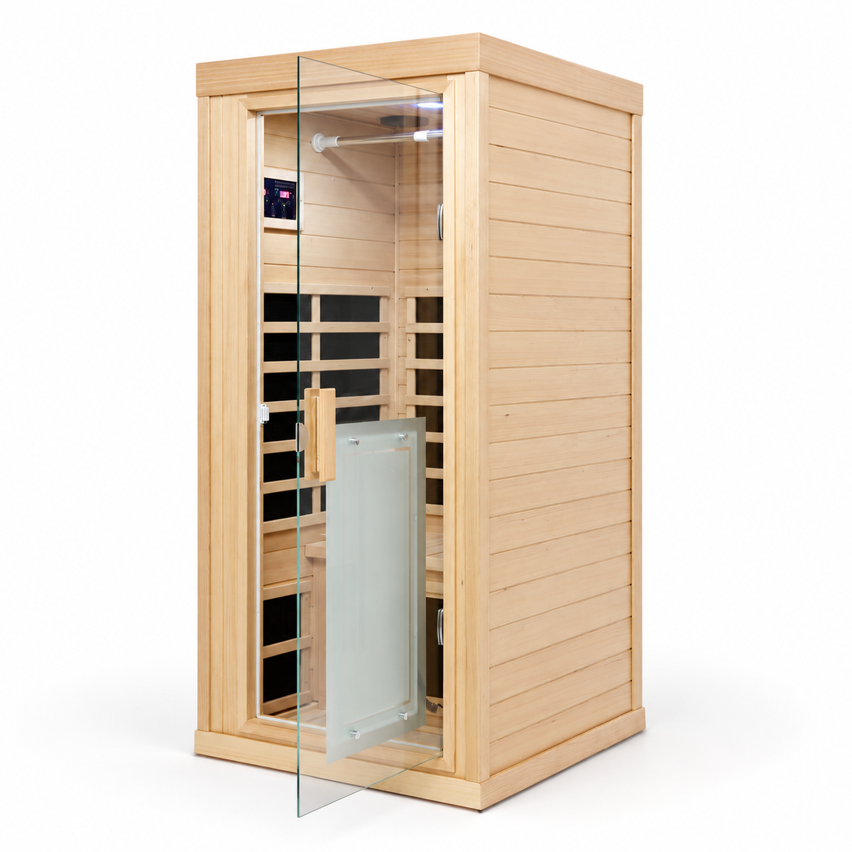 1-person far infrared sauna with a Canadian hemlock frame and glass door