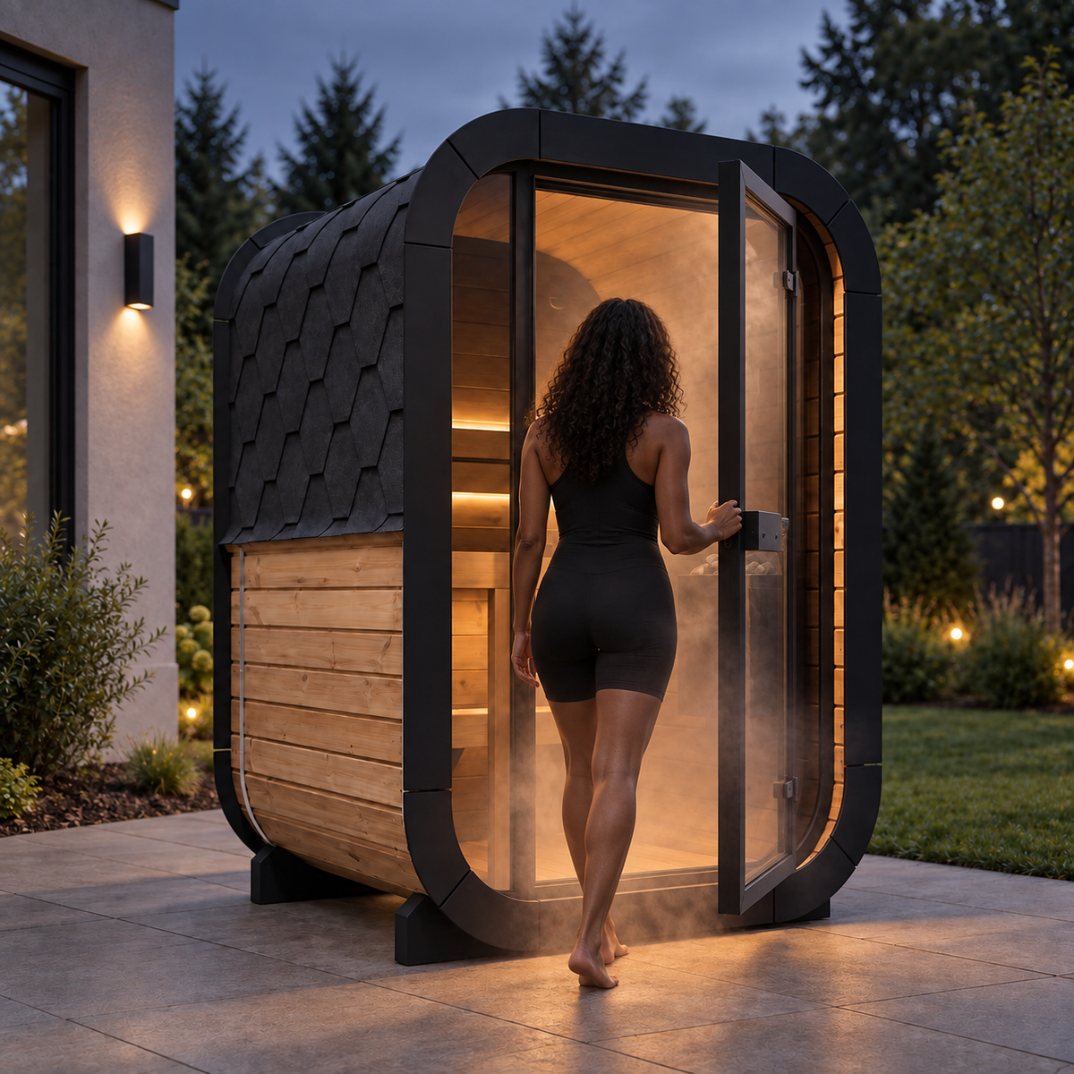 Woman opening the glass door of the SaunaLife CL3G as steam escapes, evening patio