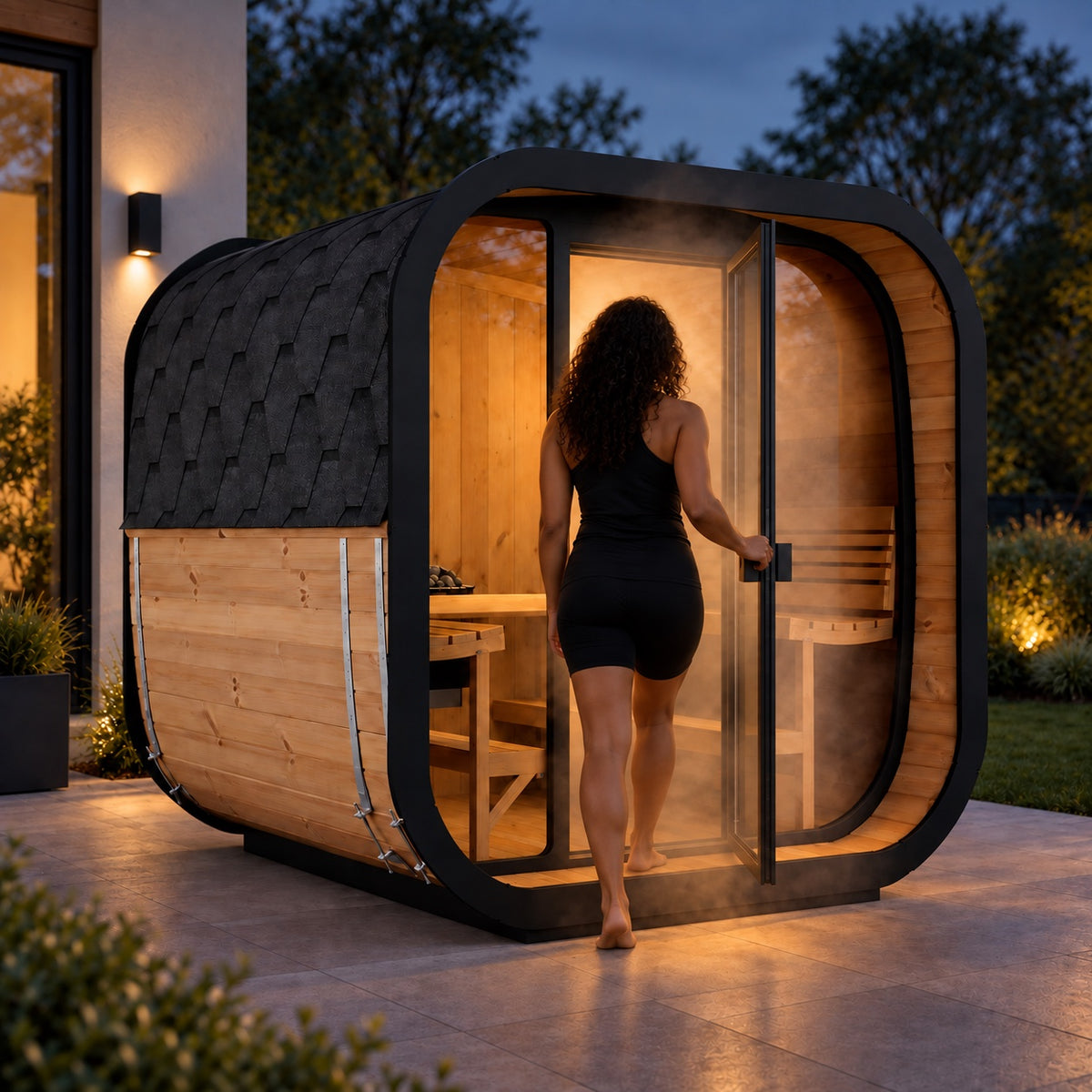 Person stepping into the SaunaLife CL7G outdoor cube sauna at dusk, back turned