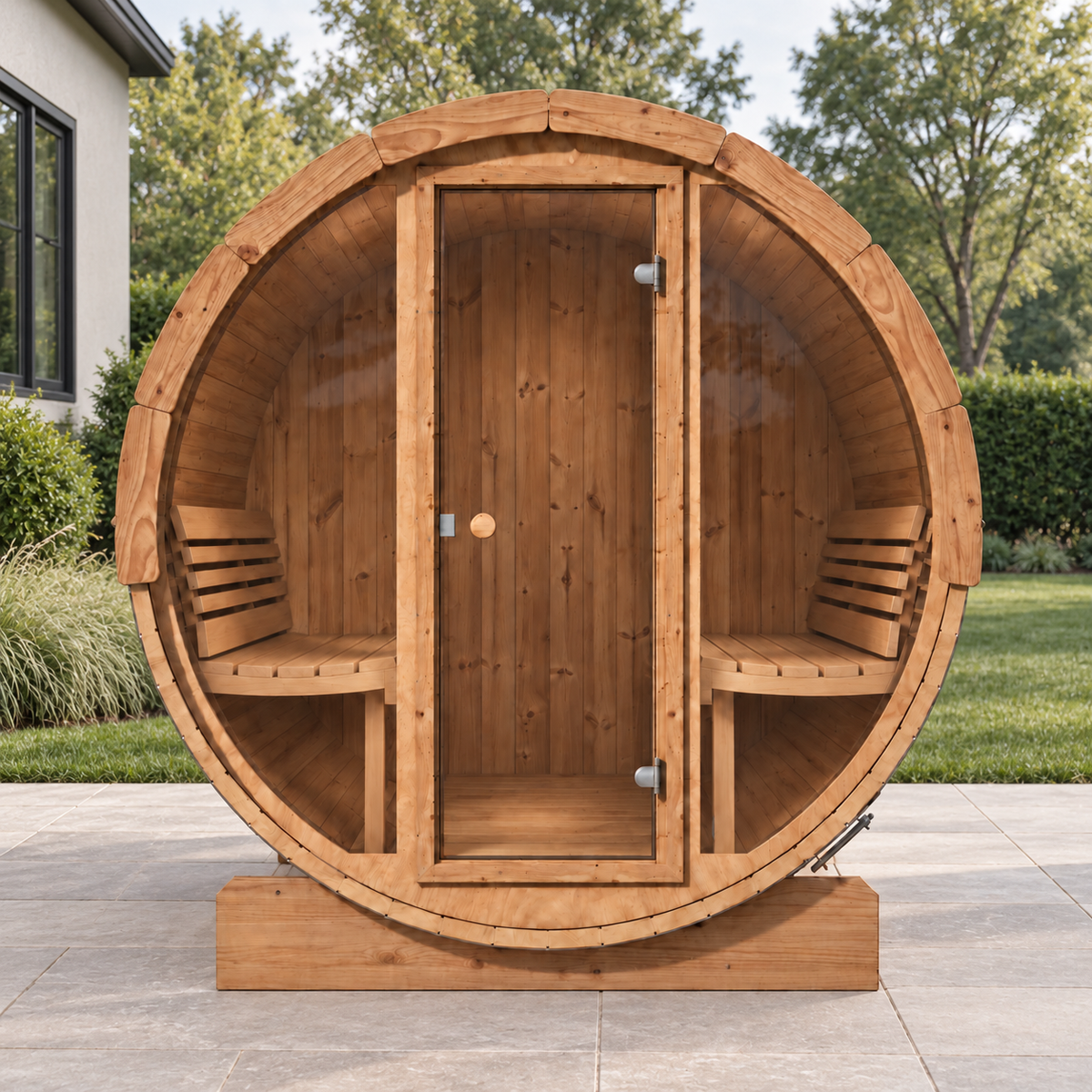 SaunaLife E7G barrel sauna on a patio, front view