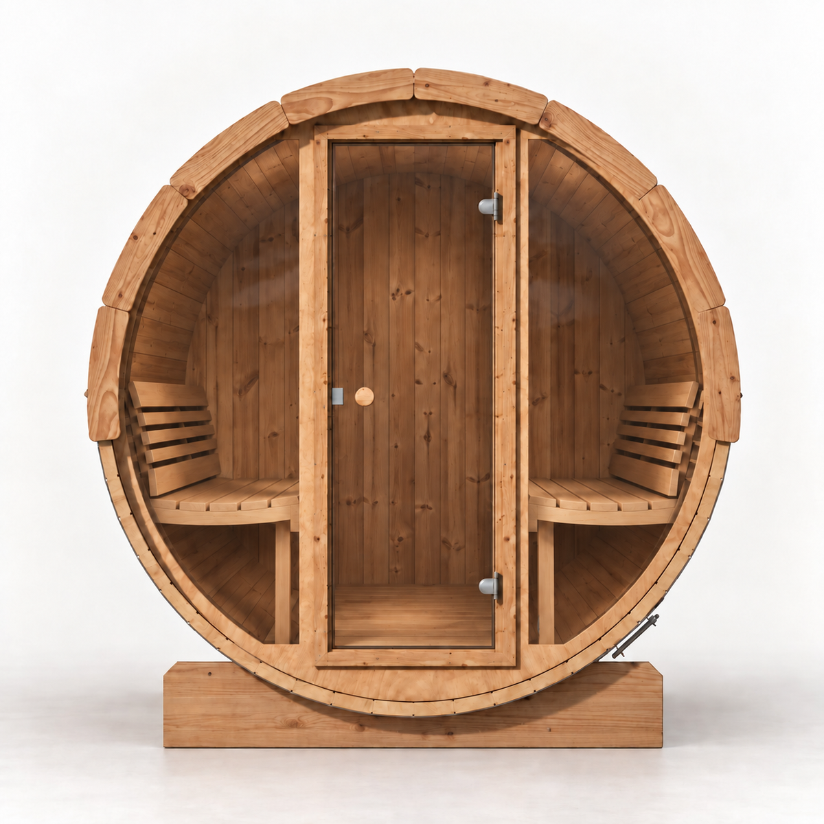 SaunaLife E7G outdoor barrel sauna, front view with glass wall and door