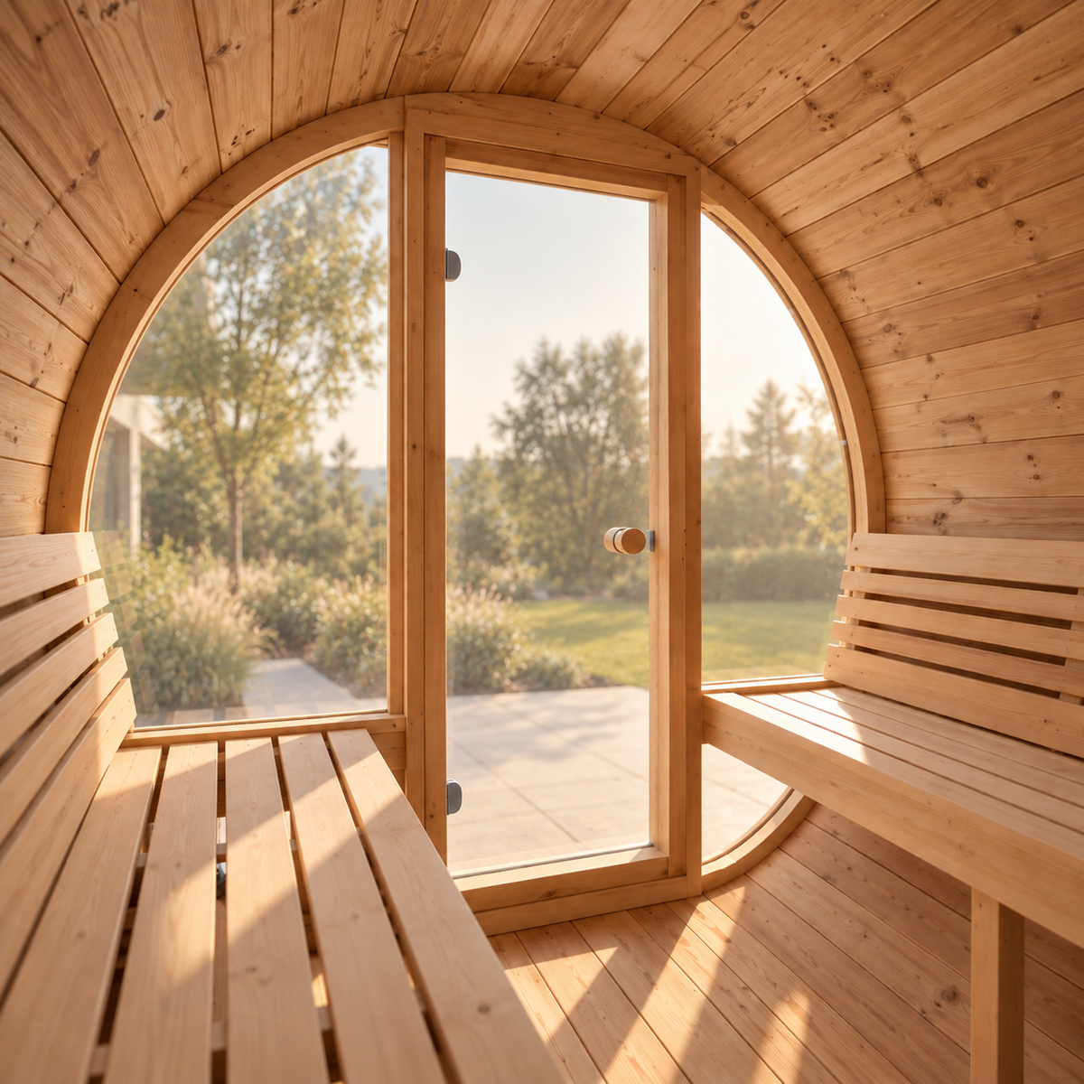 SaunaLife E7G interior, benches and full glass front wall