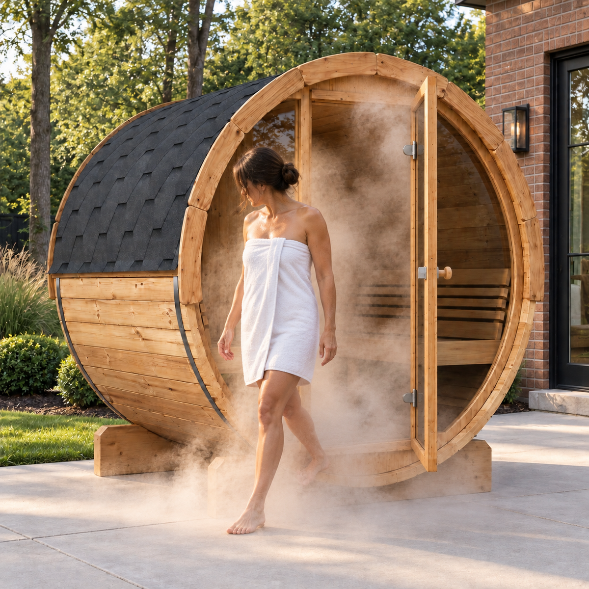 Woman in a white towel stepping out of the SaunaLife E7G as steam leaves the open door
